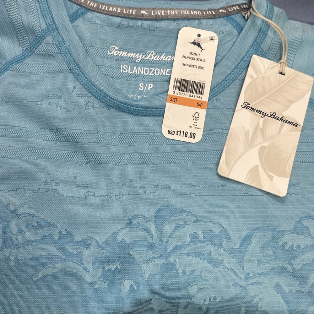 Tommy Bahama Men's Small Bowtie Blue Palm Boulevard Performance Crew T-Shirt - Picture 3 of 6